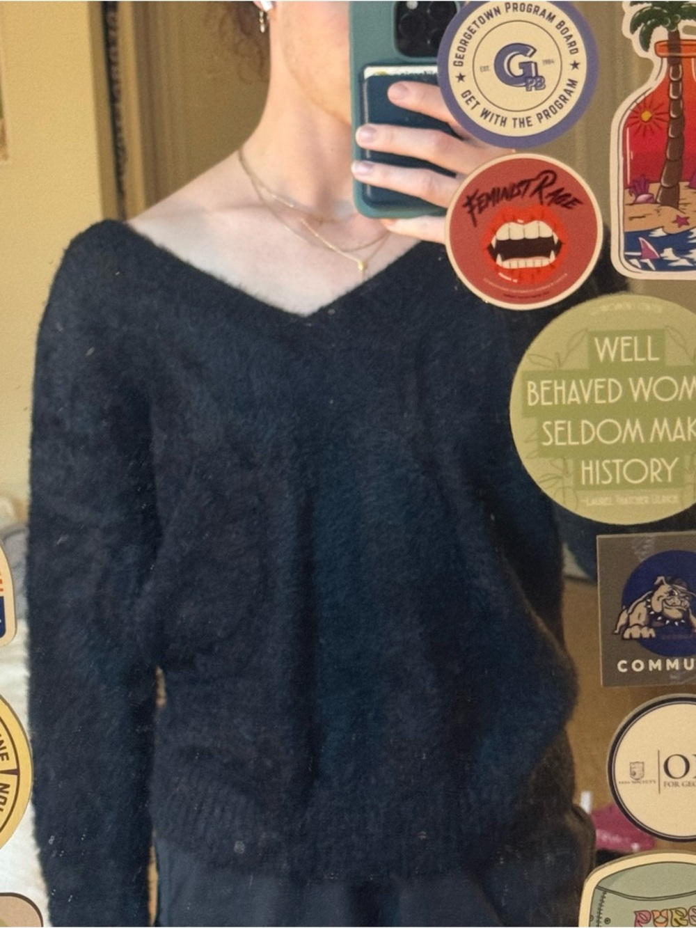 Black V-Neck Fuzzy Knit Sweater